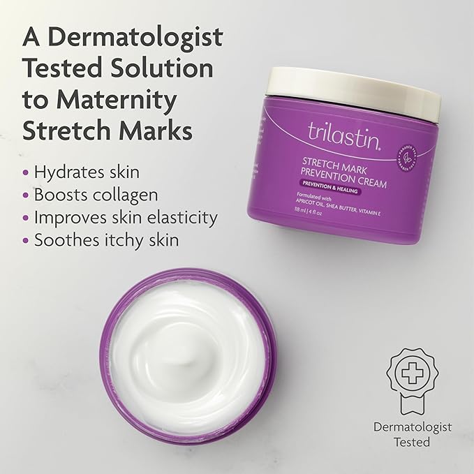 TriLASTIN Maternity Stretch Mark Cream - Hypoallergenic Pregnancy Safe Skin Care - Silicone Scar Cream for Stretch Mark Prevention - Shea Butter Belly Butter Hydration - 4 Oz, Pack of 3