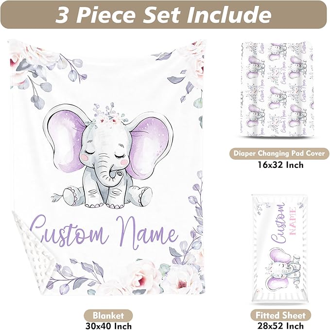Custom Name Crib Bedding Set 3-Piece – Light Purple Elephant Design Baby Bedding Set with Personalized Soft Blanket, Fitted Sheet, Changing Pad Cover – Ideal Newborn Gift for Boys and Girls