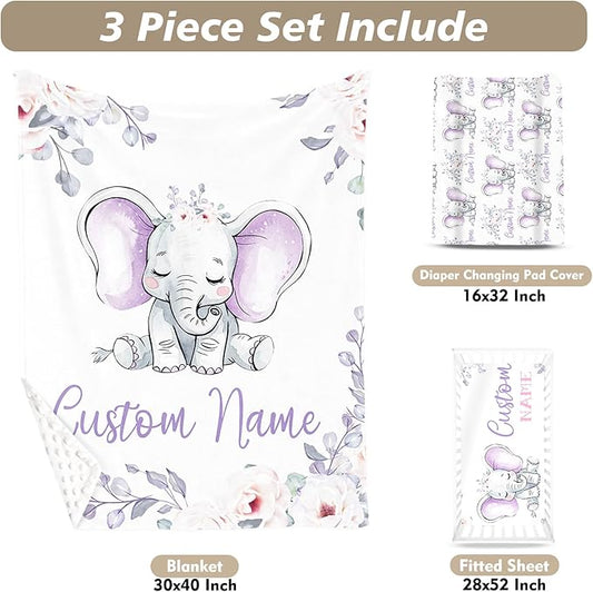 Custom Name Crib Bedding Set 3-Piece – Light Purple Elephant Design Baby Bedding Set with Personalized Soft Blanket, Fitted Sheet, Changing Pad Cover – Ideal Newborn Gift for Boys and Girls