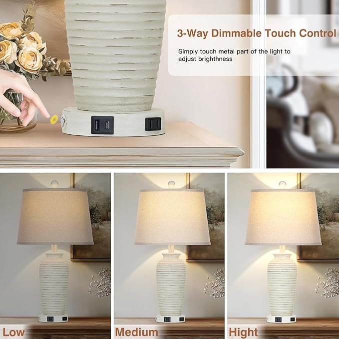 CINSARY 25" Retro White Farmhouse Jar Table Lamps for Living Room, 3 Way Touch Control Rustic Bedside Lamps with USB A+C Ports & AC Outlet, Pot Nightstand Lamps for Bedroom (LED Bulbs Included)
