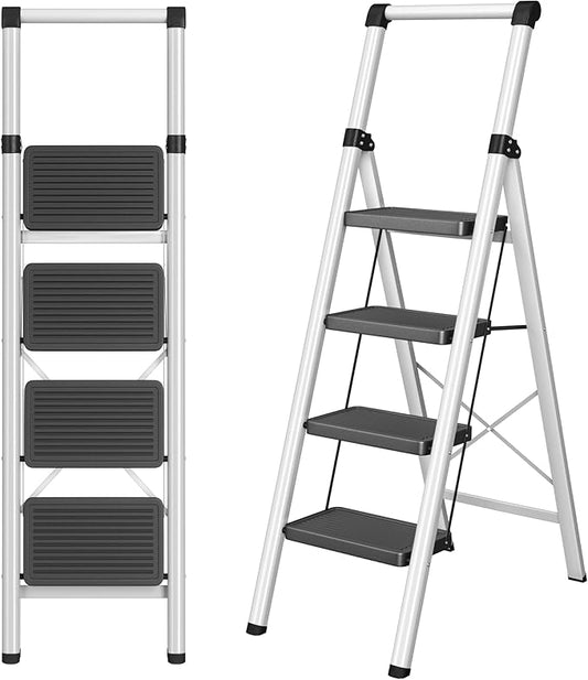 4 Step Ladder, DIAMONDFORGE Folding Step Stool with Wide Anti-Slip Pedal, Anti-Slip Feet and Handgrip, Sturdiest Steel Construction, Steel Ladder for Home, Black Grey