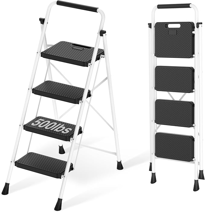 4 Step Ladder, Portable Steel Folding Step Stool with Wide Anti-Slip Pedal & Convenient Handgrip, 500lbs Sturdy Steel Ladder, White