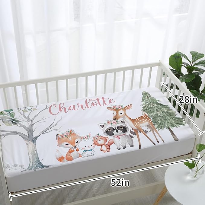 Personalized Baby Crib Bedding Set: 4 Piece Custom Sika Deer & Fox Pattern Crib Bed Set with Name, Nursery Bedding Set for Baby Girls, Newborn Boys Crib Sets, Crib Bedding Custom Gift, Crib Sheet