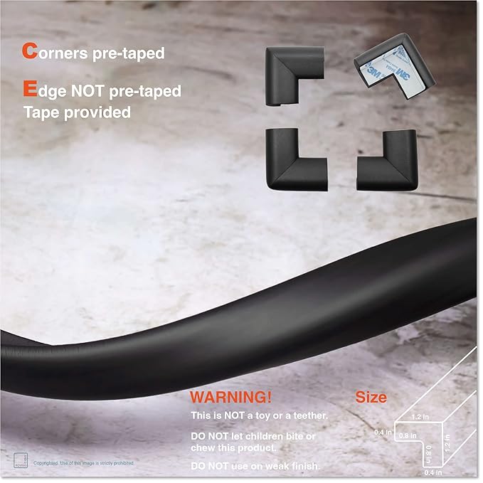 Roving Cove HeftyFit Edge Corner Protector Baby Proofing (Large 18ft Edge 8 Corners), Heavy-Duty, Soft NBR Rubber Foam, Furniture Fireplace Safety Bumper Guard, 3M Adhesive, Onyx Black