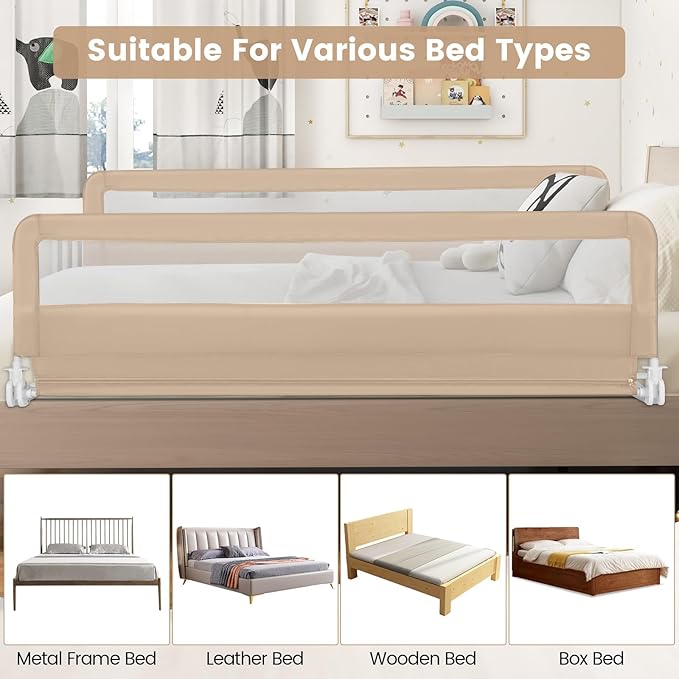 HONEY JOY Bed Rail for Toddlers, 71-in Extra Long, Portable Safety Bed Guardrail w/Double Safety Child Lock, Foldable Baby Bed Rail Guard, Fit King & Queen Full Twin Size Bed Mattress(Beige, Pack 1)