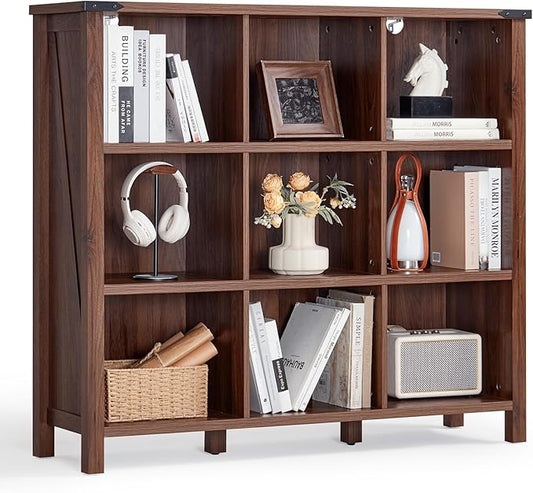 Joaxswe 9 Cube Bookcase, Farmhouse 47 Inch Wide Brown Walnut Bookshelf, Wooden 3 Tier Display Large Open Book Shelf, Vintage Horizontal Book Case for Home Office, Cubby Storage Cabinet for Living Room