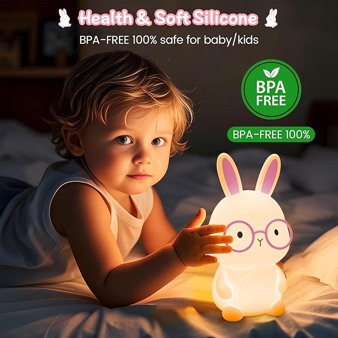 FAMIDUO Bunny Night Light, Rabbit Lamp for Kids, Rechargeable LED Nightlight for Easter Gift,Silicone Bedside Lamp with Touch Color Changing,3 Levels Dimmable/Timmer Nursery Bedroom Light,Room Decor