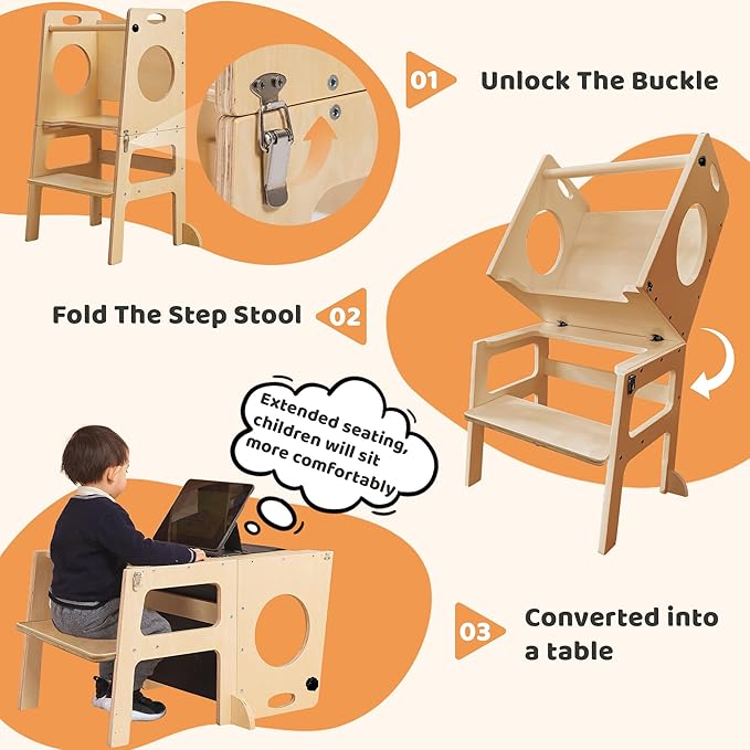 SHWWQUE Toddler Tower Step Stool for Kids Kitchen Stool Helper Toddler Standing Tower Foldable Children Table Kids Table and Chair Set Montessori Helper Tower Natural