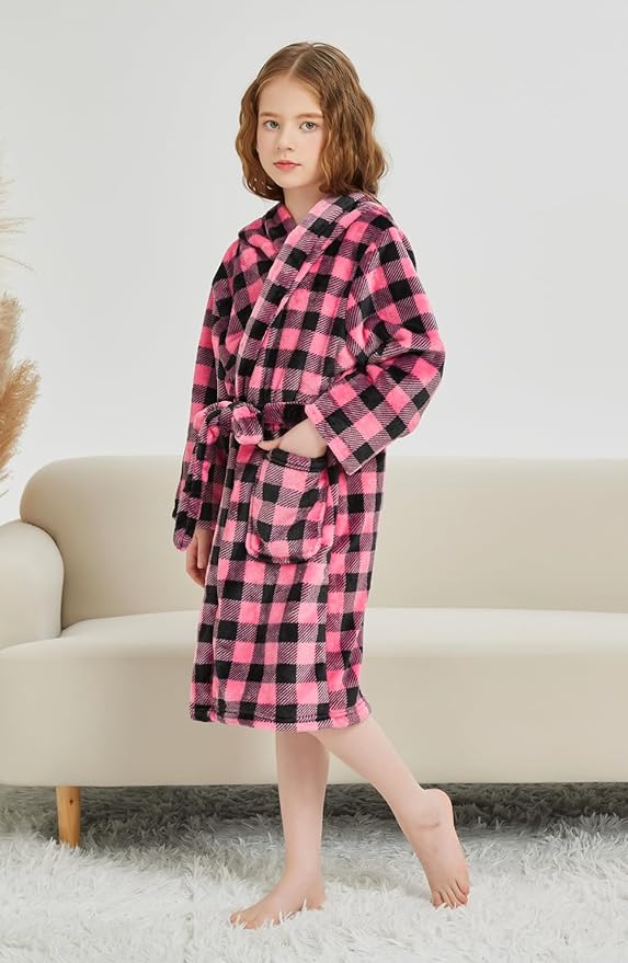 Boys Girls Robe Kids Flannel Hooded Bathrobe Sleepwear Pajamas Toddler Soft Plush Robes for Girls 2-16 Years