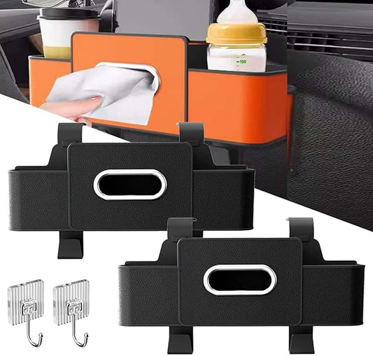 OJEYDFU 3-in-1 Car Backseat Organizer, 2026 Upgraded Multifunctional Car Seat Back Storage Box, Backseat Car Organizer with 2 Cup Holders, Tissue Box & Hooks, Universal Car Essentials (2Pack C)