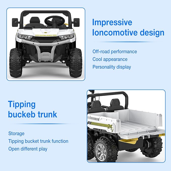 2-Seater Kids Ride On Dump Truck, 75W Electric Ride On UTV Toys with Remote Control, Dump Bed, PP Tire x 6, LED Light & Music, 24V 4WD Power Ride On Truck Car for Boys Girls (White)