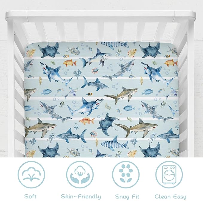 Blue Sharks Baby Crib Sheets 52''x28'' Sea Animals Sharks Stripes Snug Fitted Crib Mattress Cover for Boy Girl Ocean Fishes Corals Nautical Life Baby Bed Sheet for Standard Crib and Toddler Mattress