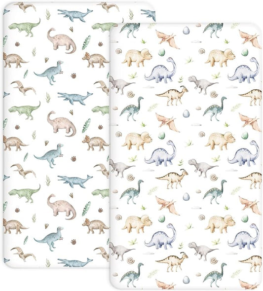 Crib Sheets for Boys and Girls, 2 Pack Fitted Baby Sheets for Standard Toddler Mattress 28" x 52", Soft Breathable Jersey Knit Baby Bedding (Dino Pals)