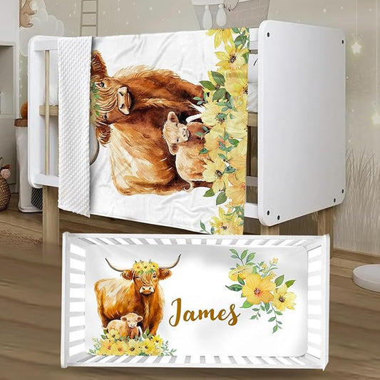 Personalized Crib Bedding Set for Girls, Custom Baby Crib Sets with Name, Yellow Flower Highland Cow Design Nursery Bedding 2 Piece - Soft Blanket with Double Layer Dotted Backing, Crib Fitted Sheet