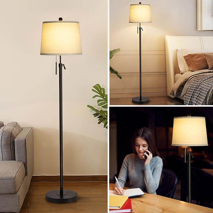 JUNNAI Floor Lamps for Living Room, Black Floor Lamp Adjustable Height Standing Lamp, Dimmable Modern Tall Floor Lamp for Bedroom Office with Beige Linen Shade, 8W 3000K Bulb Included