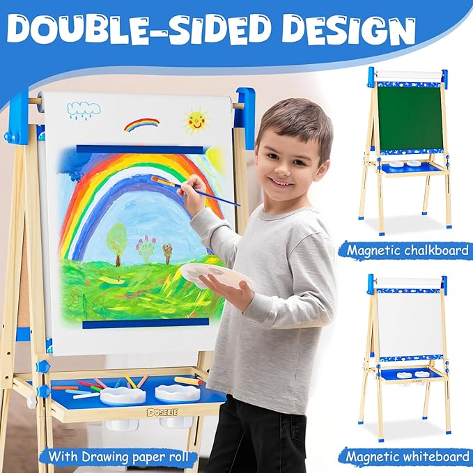 Easel for Kids Toys,Toddler Art Easel, Boy Toys for Ages 5-7,Adjustable Wooden Magnetic White Board and Chalk Board with Art Supplies, 4 5 6 7 8 9 10 Year Old Boys Birthday Gifts