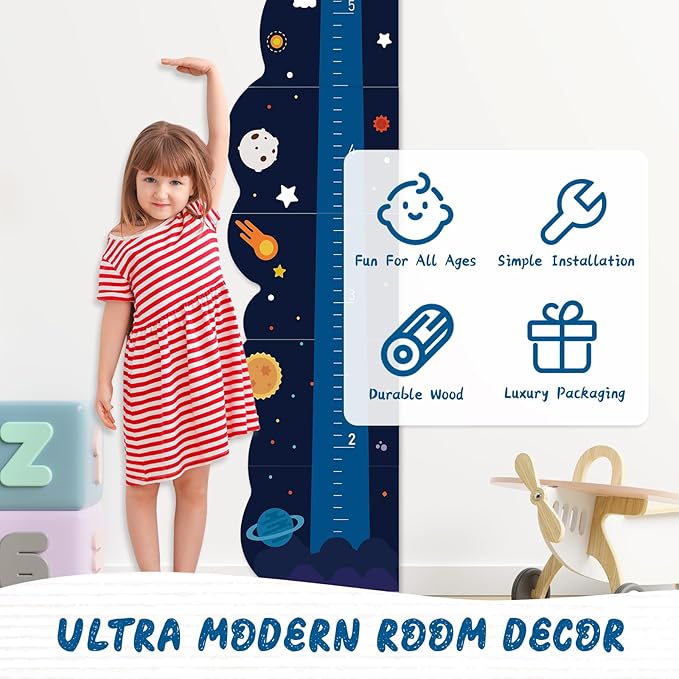 Woodemon Personalized Name Rocket Wood Growth Chart for Kids – Wall Height Measurement Ruler, Toddler Playroom Decor 63" x 15.3"