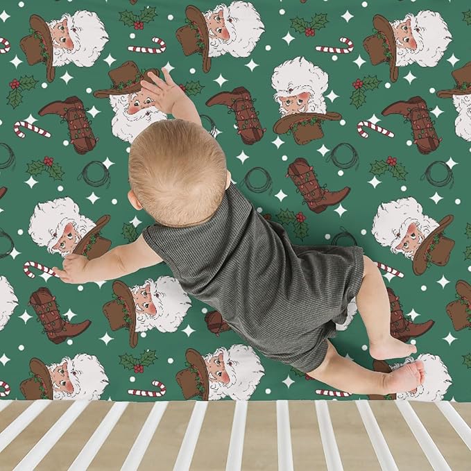 Green Cowboy Santa Christmas Baby Crib Sheets for Boy Girl 52x28Inch Western Santa Hat Boots Fir Leaves Soft Snug Fitted Crib Mattress Cover Wild West Baby Sheet for Standard Crib & Toddler Mattress
