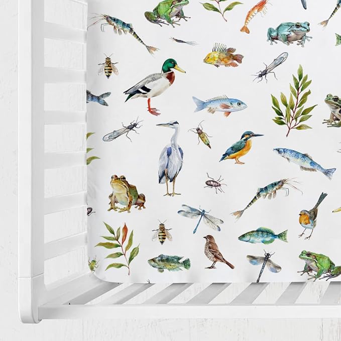 Wildlife Pond Baby Crib Sheets 52''x28'' Wild Animals Frogs Duck Fish Bird Weeds Snug Fitted Crib Mattress Cover for Boy Girl Fishing Hunting Soft Nursery Bed Sheet for Standard Crib Toddler Mattress