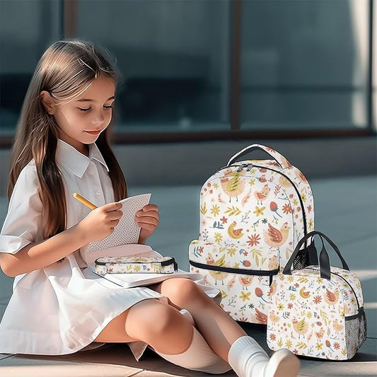 COOPASIA Chicken Backpack with Lunch Box and Pencil Case, 16 Inch Chicken Theme Bookbag with Adjustable Straps, Durable, Lightweight, Large Capacity, School Backpack for Girls Women