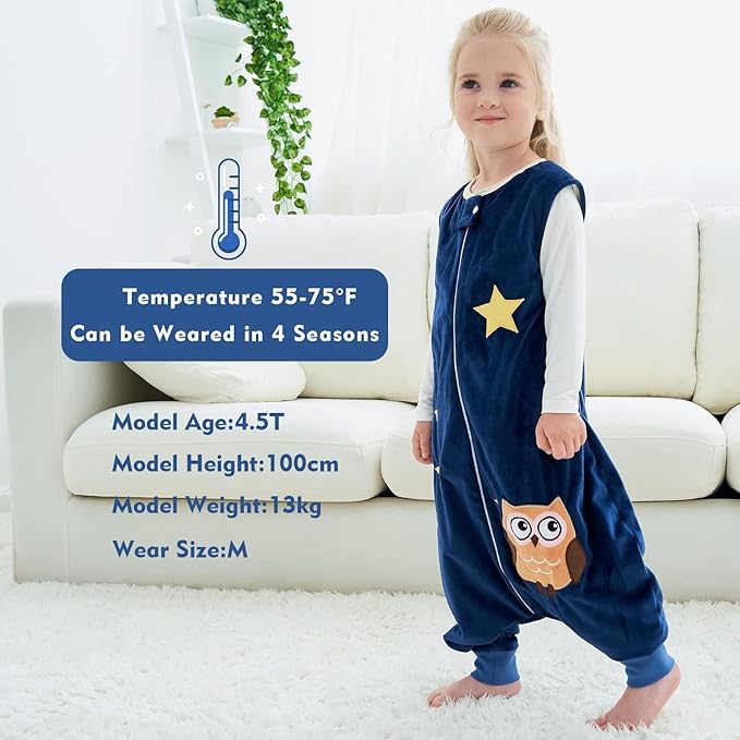 MICHLEY Toddler Sleeping Sack with Feet Newborn Infant Sleeveless Sleeping Bag 2-way Zipper Baby Wearable Blanket for Walkers,Dark Blue Owl,5-6T