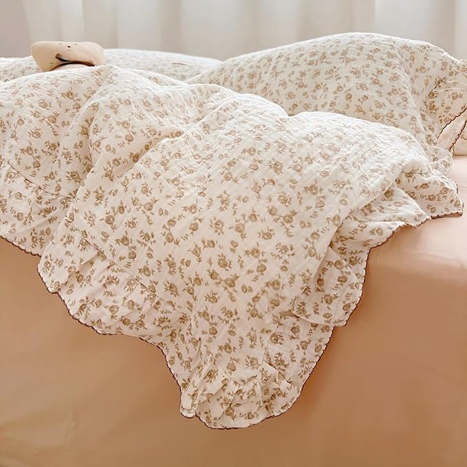 BuLuTu Soft Cotton Muslin Duvet Cover Girls Kids Floral Duvet Cover Beige Crib Bedding Comforter Cover Quilt Cover, 47"x59", Camellia Print (Pillowcases Not Included)