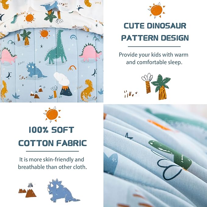 DJY 4 Pieces Cotton Toddler Bedding Set, Dinosaur Toddler Bed Comforter Set for Boys Girls, Includes Blue White Reversible Comforter, Flat Sheet, Fitted Sheet and Pillowcase