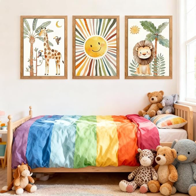Cute Sun Lion Giraffe Quote Framed Wall Art Set of 4, 11x16 Boho Educational Animal Wall Sign for Baby Girl Kid Boy Toddlers, Wooden Inspirational Nursery Wall Decor Natural