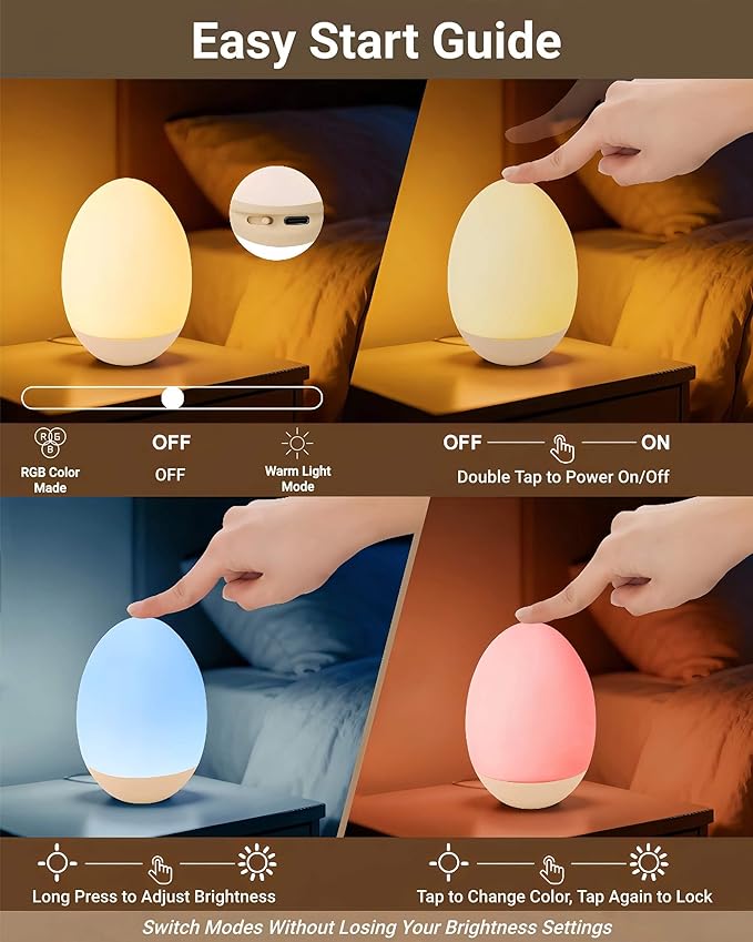 NAWIQI Egg Baby Night Light for Nursery & Breastfeeding – Portable Touch Light with 7 RGB Colors, Stepless Dimming, Rechargeable, BPA-Free Soft Silicone, Compact Lamp for Kids & Newborns