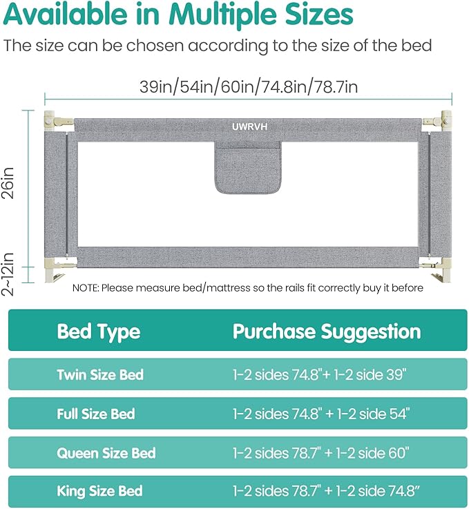 Bed Rails for Toddlers，Toddler Bed Rails，Bed Rail for Baby - Adjustable Height Bed Guard with Child Safety Lock, Universal Fit for King/Full/Twin Beds (Grey, 1 Side 82.5Inch)