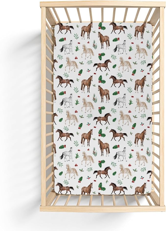 Christmas Horses Baby Crib Sheets for Boy Girl 52"x28" Holiday Animals Cherry Fir Leaves Soft Snug Fitted Crib Mattress Cover Winter Farm Animal Baby Sheet for Standard Crib & Toddler Bed Mattress