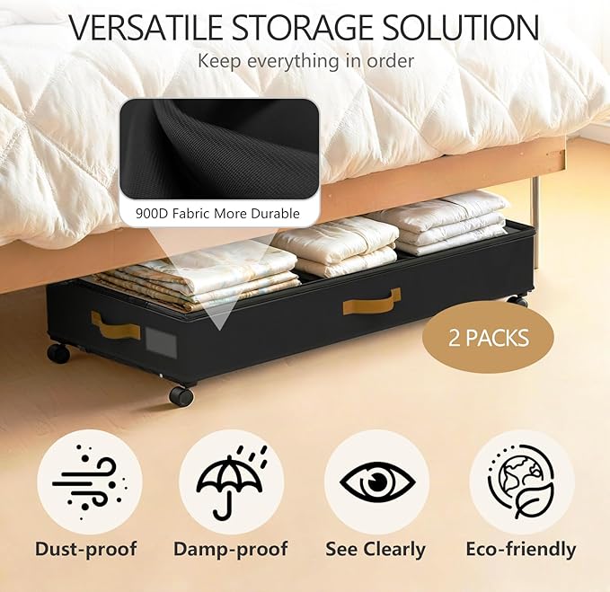 GOVEYONY Under Bed Storage with Wheels 2-Pack, 75L XXL Under the Bed Storage Containers Large, 12" Tall Adjustable Storage for Underbed with Lids, Rolling for Clothes, Shoes, Blankets (Black)