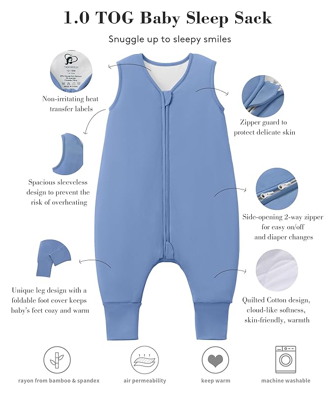 Baby/Toddler Sleep Sack with Legs, Rayon from Bamboo 95% + 5% Spandex, 1.0 TOG, 2‑Way Zipper Sleeping Bag, Walker‑Friendly 18-36M Blue