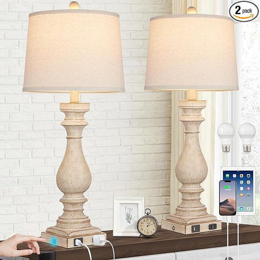 Cinkeda 29" Tall Table Lamp for Living Room Set of 2,Farmhouse Nightstand Bedside Lamps with USB C+A Ports & AC Outlet,3-Way Dimmable Touch Control Desk Lamp for Bedroom,Color 1