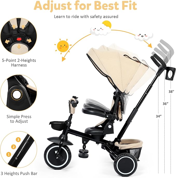 Folding Kids Tricycle, 8 in 1 Baby Trike W/Removable & Adjustable Canopy, Parent Handle, 5-Piont Safety Harness, Toddler Bike Stroller for Kids 1-6 Years, EVA Wheels, Storage Basket, Khaki