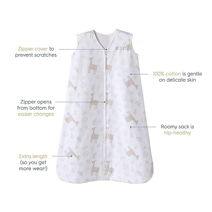 HALO SleepSack, 100% Cotton Wearable Blanket, Swaddle Transition Sleeping Bag, TOG 0.5, Llama Sand, Size X-Large, 18-24 Months