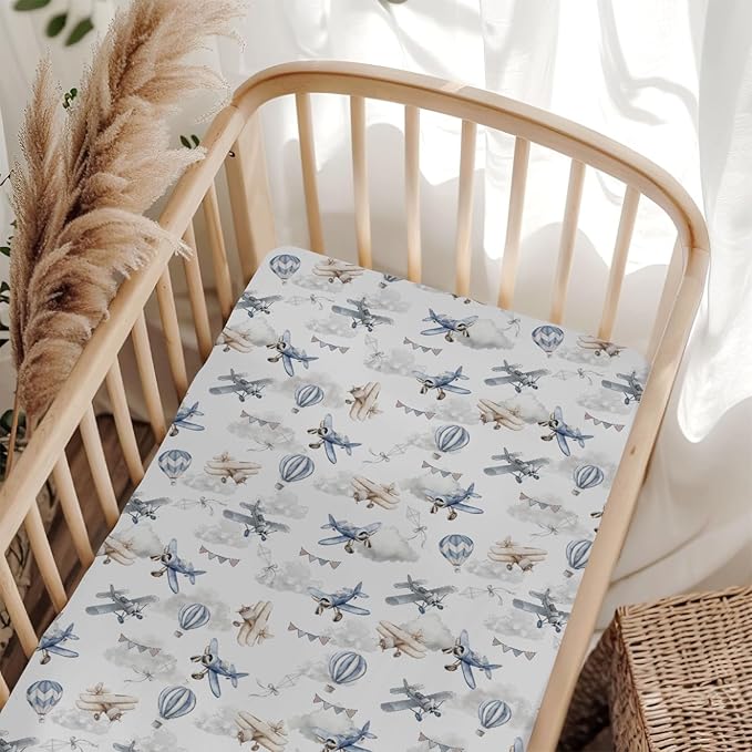 Vintage Planes Airplanes Helicopters Baby Crib Sheets Boy Girl 28"x52" Hot Air Balloon Plane Clouds Sky Soft Stretchy Fitted Crib Mattress Cover Baby Sheet for Standard Crib & Toddler Mattress Pad