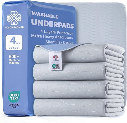 Accompagner Waterproof Reusable for Adults and Pets Washable Pee Pads for Dogs Changing Pad Large Dog Bed Size Adults Incontinence Bed Pads - Non-Slip Leak-Proof (Pearl Gray, 4Pack-36" x36")