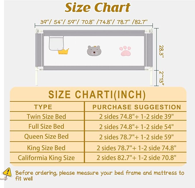 Height Adjustable Bed Rail for Toddlers, Kids Safety Baby Bed Rail for Twin/Full/King/Queen Size Bed (3 Sides, 78 * 78 * 59 Inch)