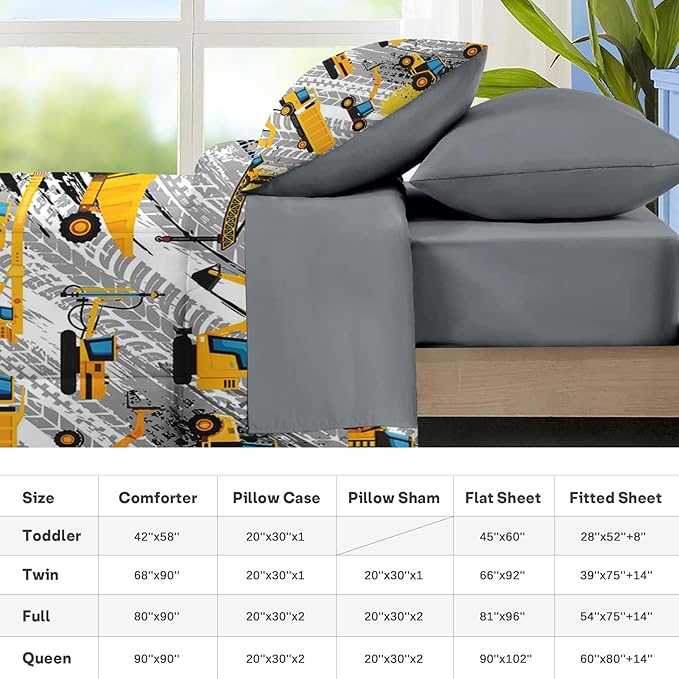 Nesker 4 Pcs Comforter Set Toddler Size, Cartoon Yellow Vehicle Bedding for Kids Teen, Trucks Construction Bed Sheet with Pillowcase & Sham