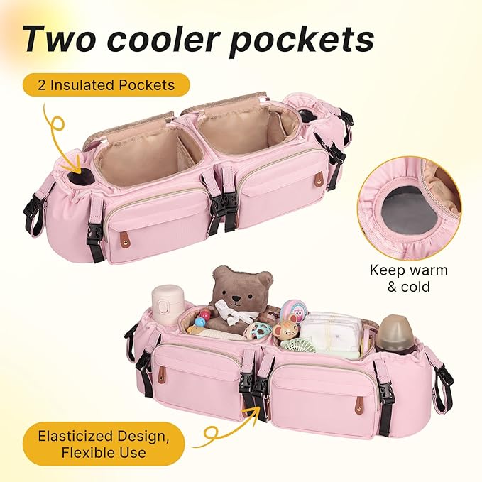 Boomistry Double Stroller Organizer for Bob Duallie and Baby Jogger City Mini GT2, Double Stroller Caddy Organizers with Cup Holder and 2 Cooler Pockets Parent Console Double Stroller Accessories