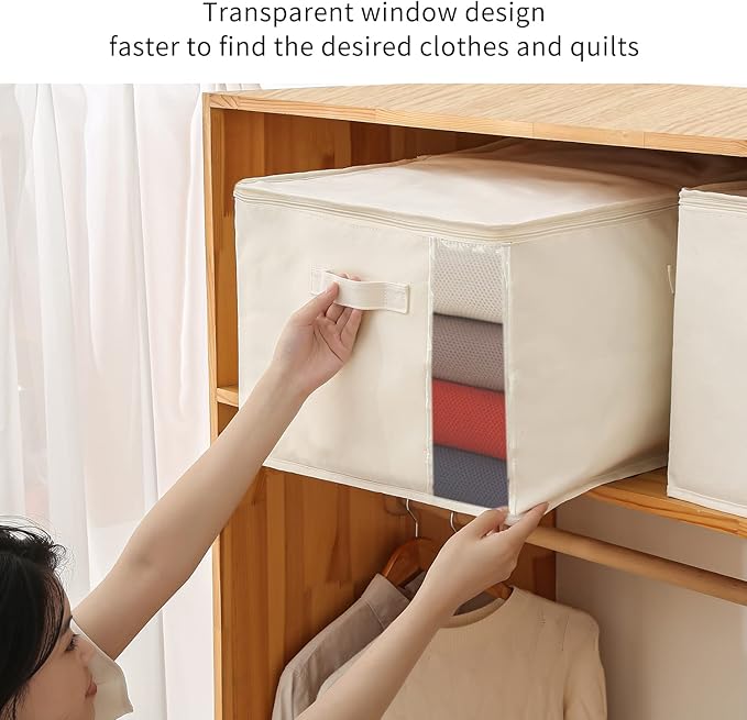 4 Pack Large Canvas Comforter Storage Bags Closet Organizer for Clothes Sweater Clothes Organizer with Dual Zipper Three Carrying Handles for Blanket Closet Storage Container