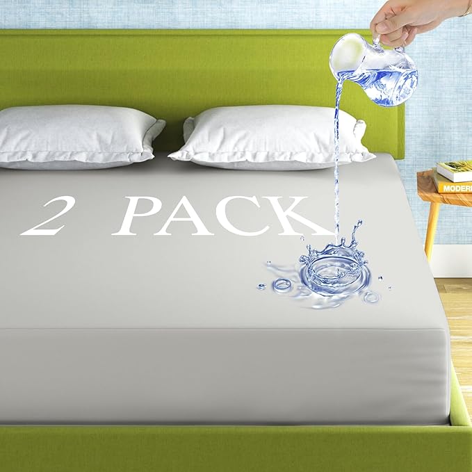 2 Pack Mattress Protector Full Size 100% Waterproof Fitted Mattress Cover, Breathable Noiseless & Machine Washable Bed Cover Deep Pocket from 5" to 21", Bed Protector for Pets Kids Adults Light Grey