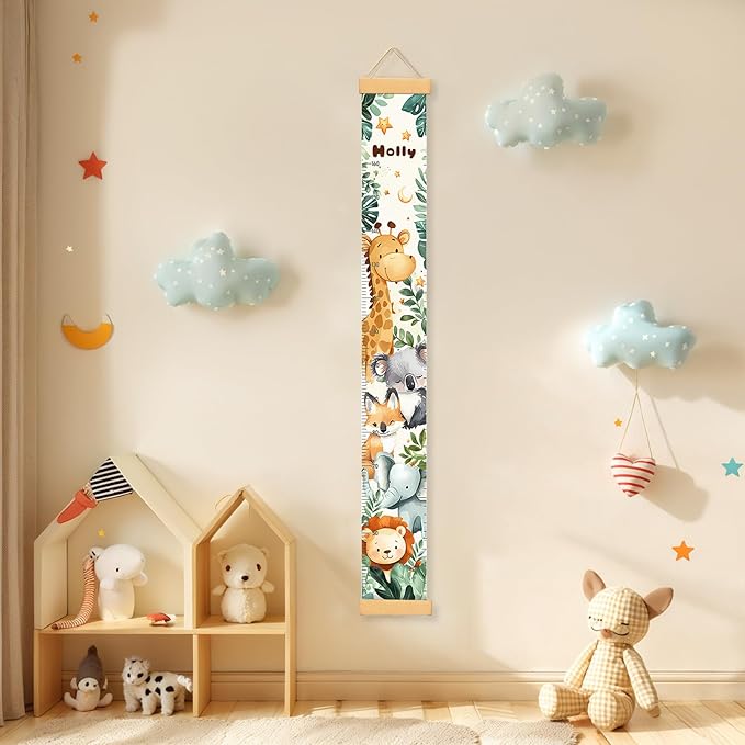 Woodemon Personalized Name Baby Growth Height Chart Handing Ruler Wall Decor for Kids, Animals Canvas Removable Height Growth Chart, Nursery Decor, Toddler Kid Room Decoration, Hangable