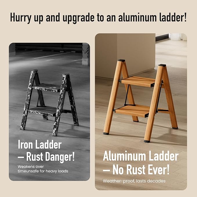 Mayi Plus 2 Step Ladder,Aluminum Folding Step Stool for Adults,Step Ladder with Wide Anti-Slip Pedal,330 lbs Capacity for Home,Office,Kitchen,Library(Woodgrain)