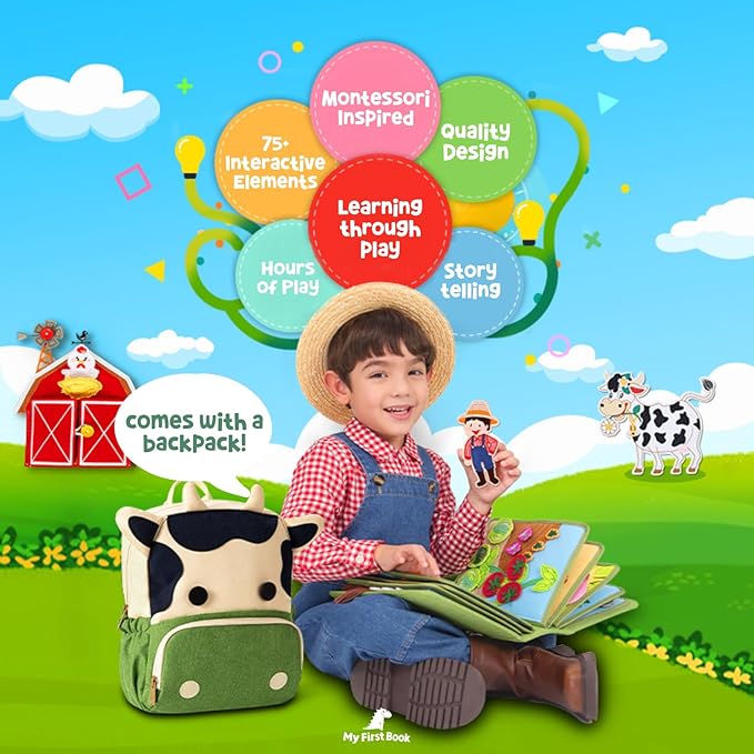 Montessori Busy Farm Book & Backpack Bundle, Interactive Quiet Book for Toddlers & Preschoolers, Educational Early Learning Travel Toy with Waterproof Backpack, Back-to-School Gift
