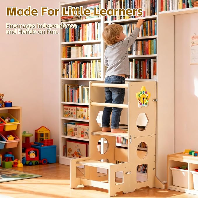 Acenova Toddler Kitchen Step Stool, 4 in 1 Foldable Learning Tower with Blackboard and Star Number Clock, Standing Step Stool Toddler Tower for Bathroom Sink, Kitchen Counter