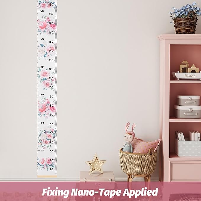 BESSLEE Canvas Kids Growth Chart for Wall, Floral Height Measurement Tracker for Baby Girl, Hanging Ruler with Removable Hook, Nursery Room Playroom Toddler Bedroom Decor, 79”x7.9” Pink