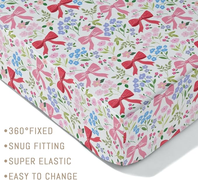 Preppy Pastel Floral Bows Baby Crib Sheets Pink Girly Floral Bows Soft Snug Fitted Crib Mattress Covers for 52''x28'' Standard Crib & Toddler Mattress Boho Spring Flowers Leaves Baby Bed Sheets