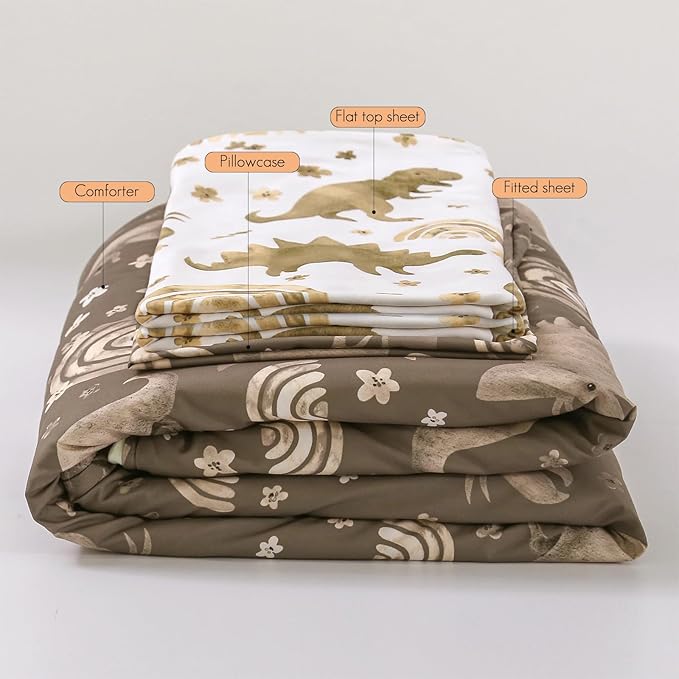 4 Piece Toddler Bedding Set for Boys,Soft Crib Bed Sheets Set in a Bag Including Comforter, Flat Sheet, Fitted Sheet and Pillowcase(Dinosaur)